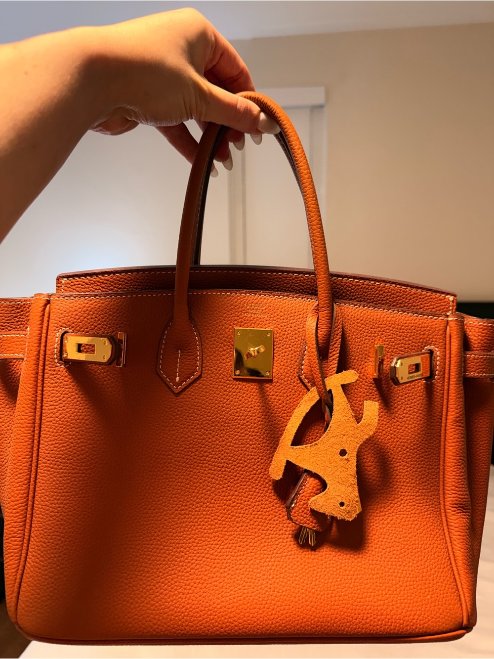 Designer-Style Orange Leather Tote Bag with Gold Hardware